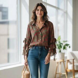 Bold Green and Pink Blouse with Ruffled Bell Sleeves